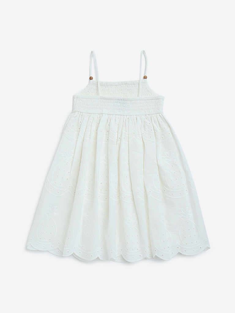 HOP Kids White Schiffli Detailed Cotton A-Line Dress