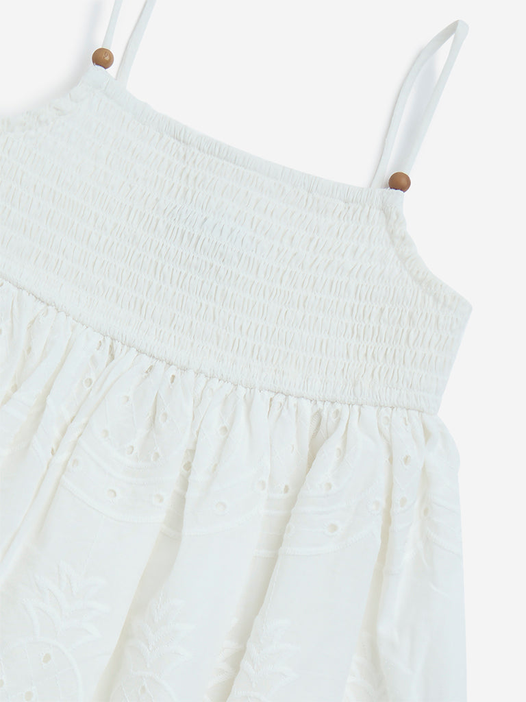 HOP Kids White Schiffli Detailed Cotton A-Line Dress
