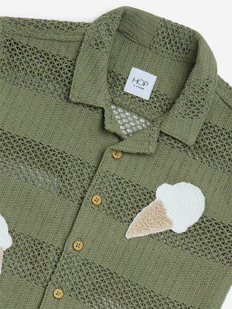 HOP Kids Olive Crochet Detailed Cotton Shirt