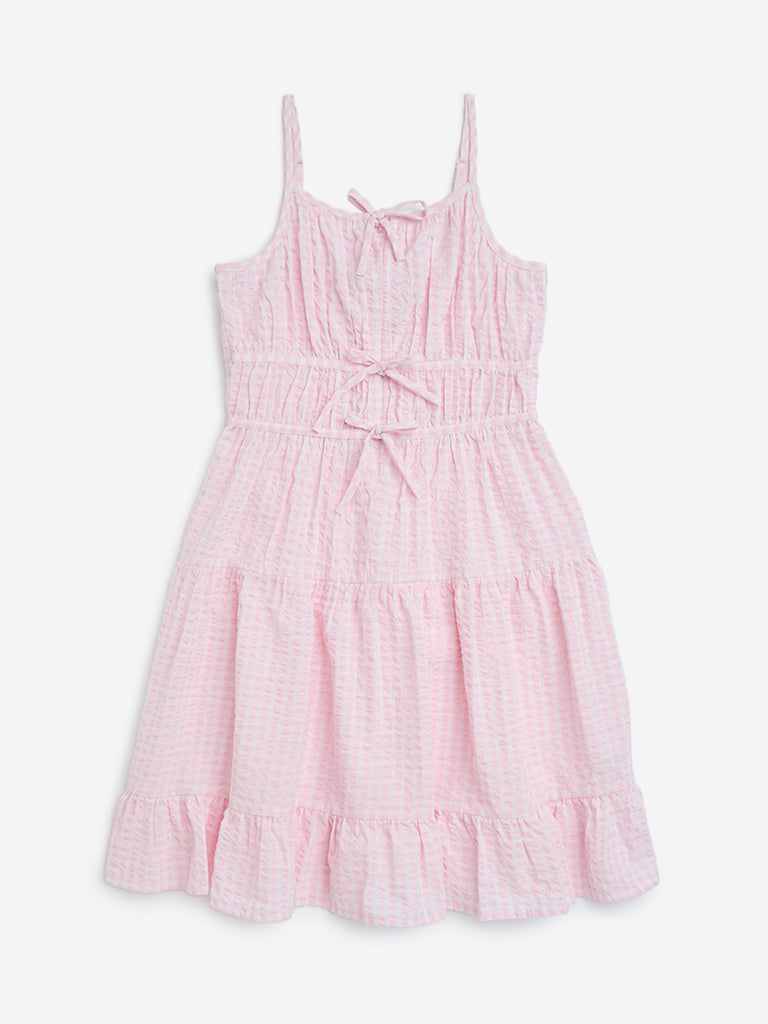 Y&F Kids Pink Seersucker Striped Tiered Cotton Dress