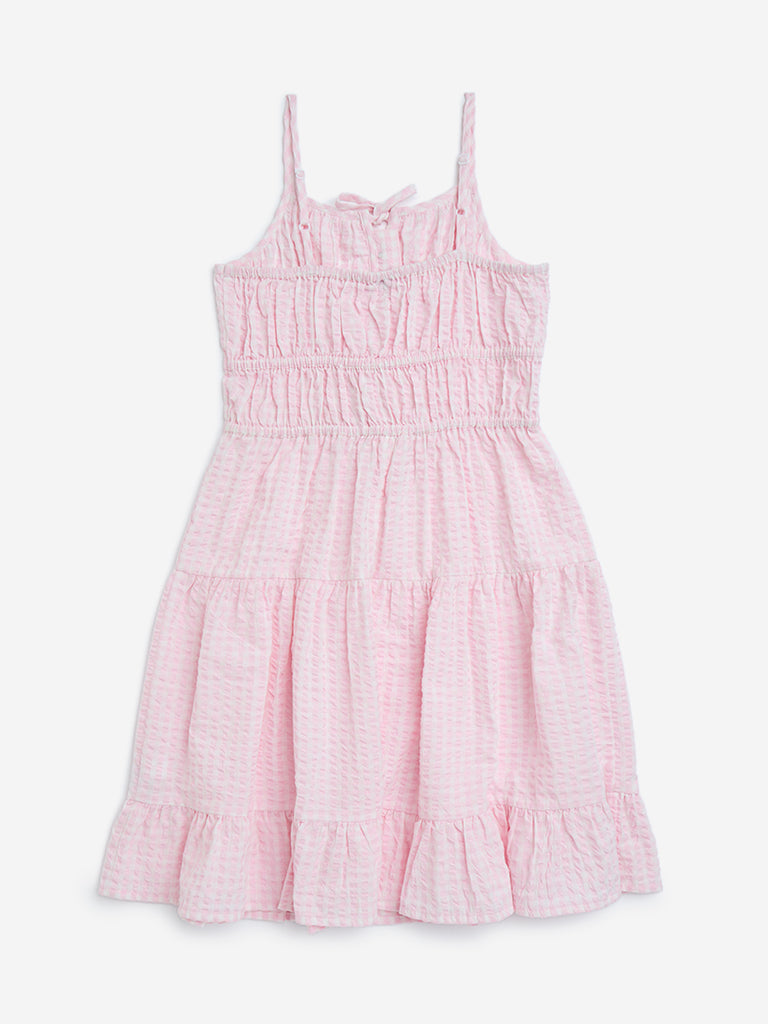 Y&F Kids Pink Seersucker Striped Tiered Cotton Dress