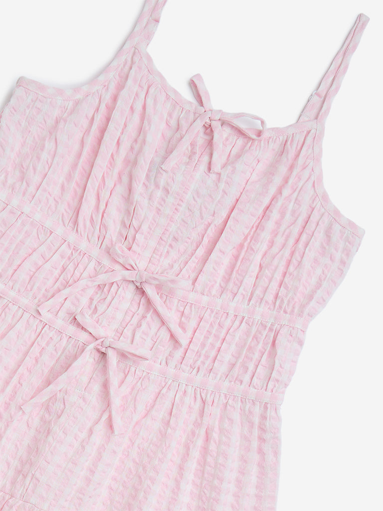 Y&F Kids Pink Seersucker Striped Tiered Cotton Dress