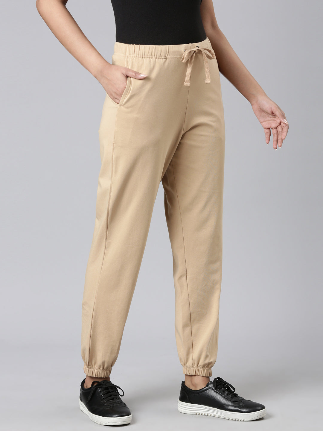 Beige Cotton Stretch Casual Joggers