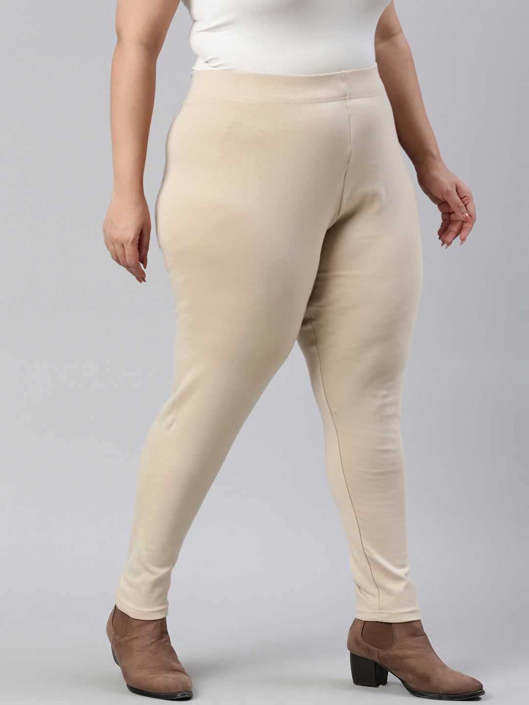 Light Beige Cotton Stretch Ribbed warm Leggings