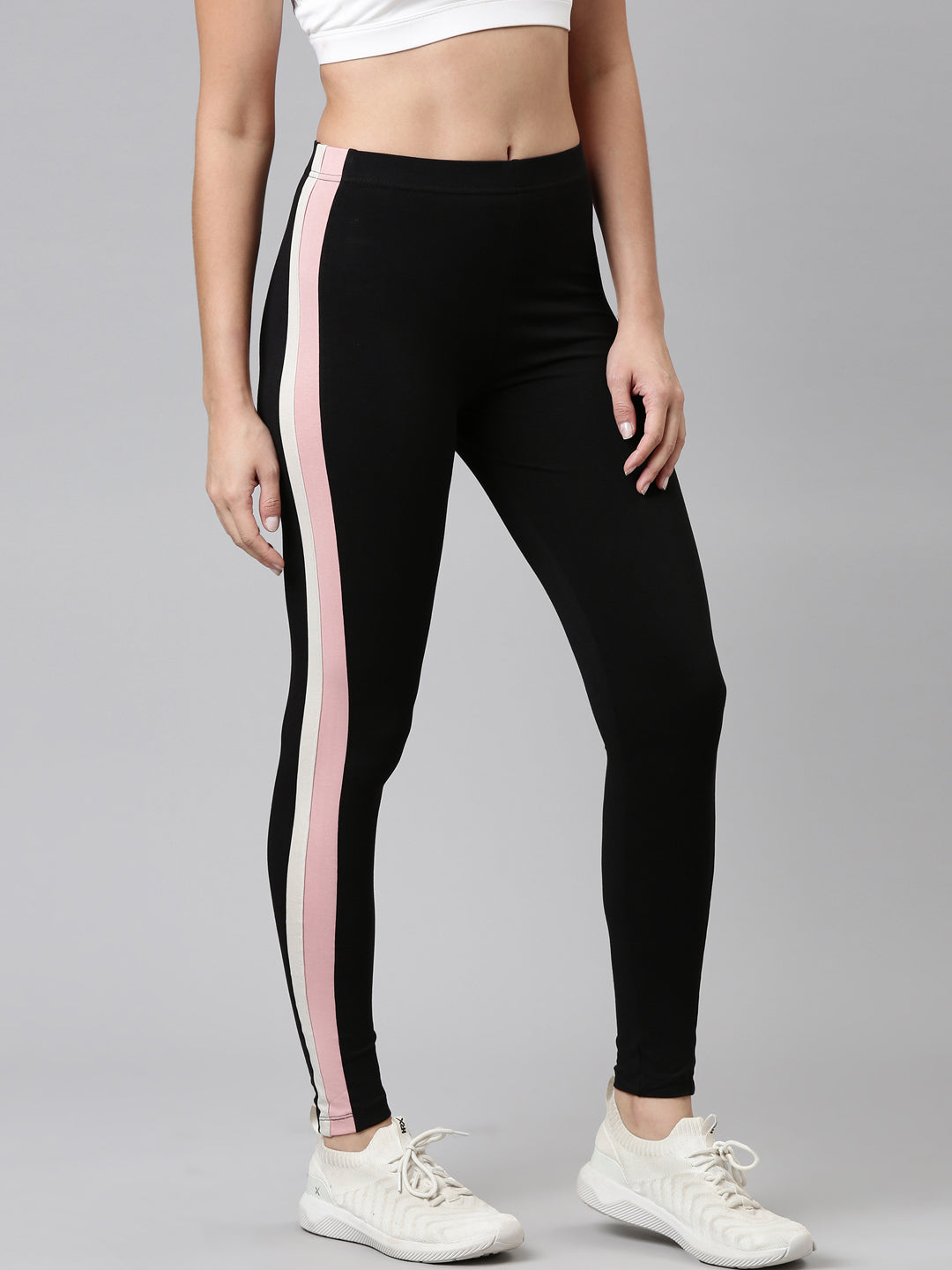 Black Cotton Stretch Side Stripes Active Leggings