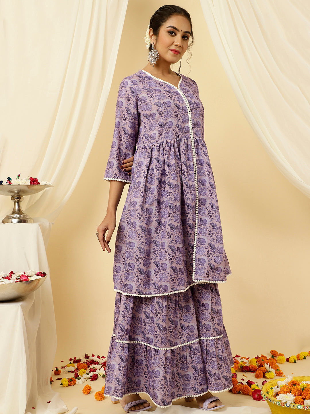 Lavender Floral Print Flared Kurta With Sharara