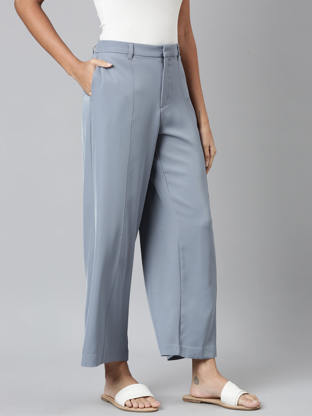 Dusty Blue Crepe Wide Trouser