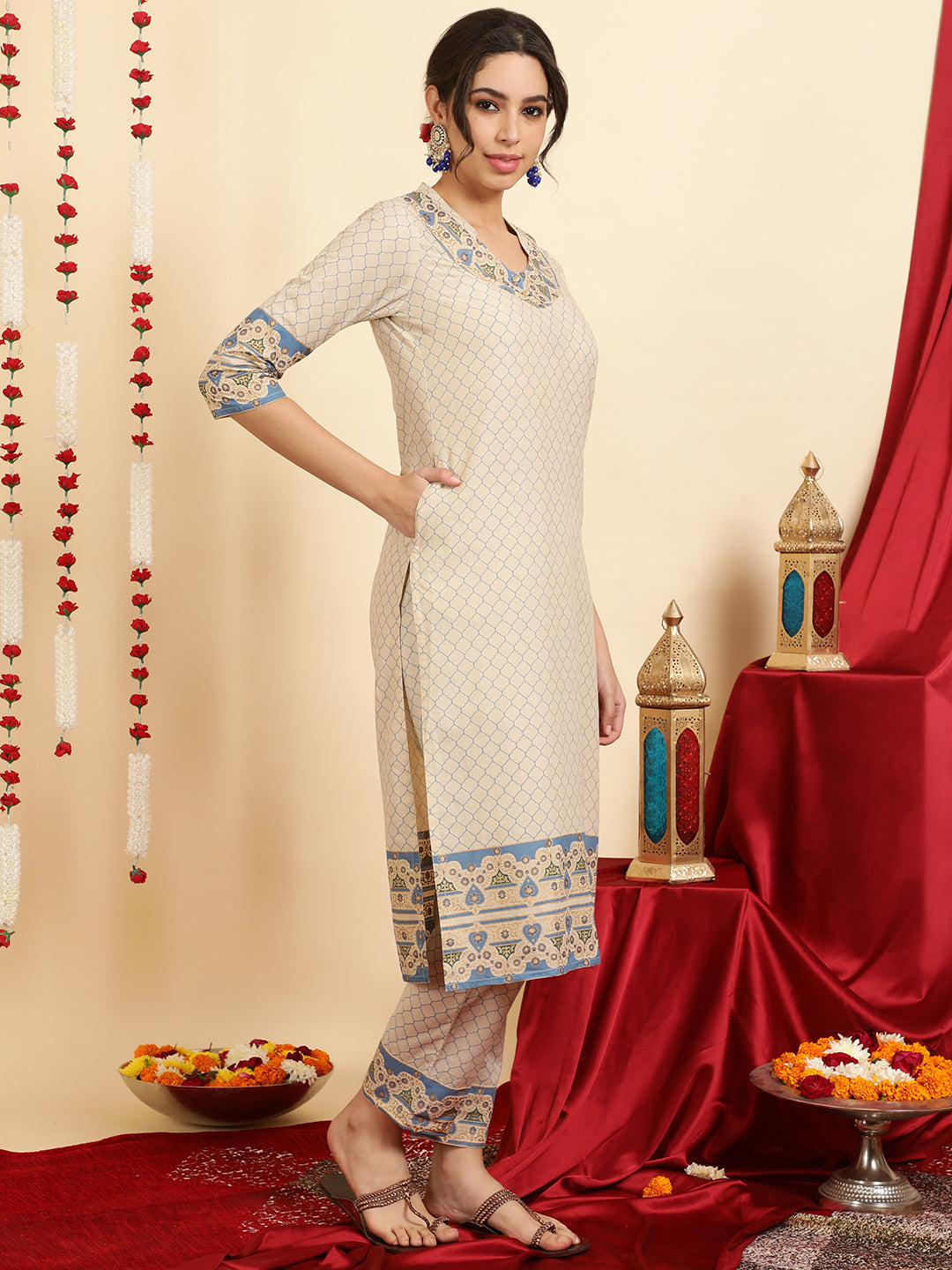 Ethnic Printed Blue Cotton Straight Kurta With Pants And Dupatta