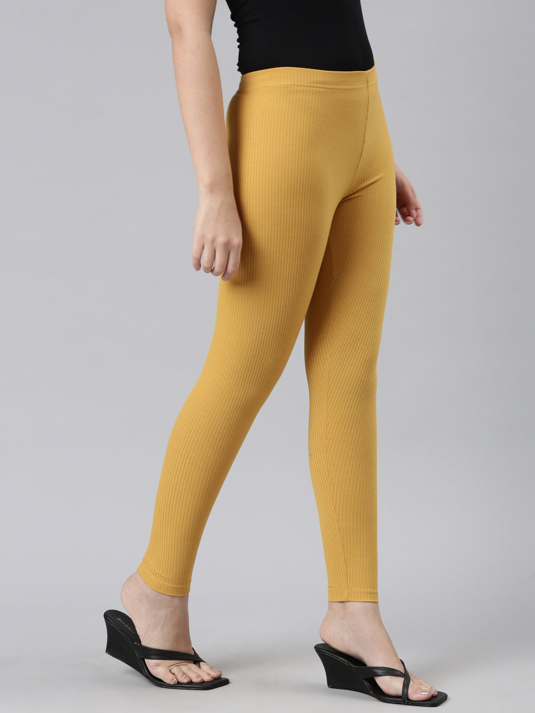 Golden Yellow Drop Needle Fabric Rib Leggings