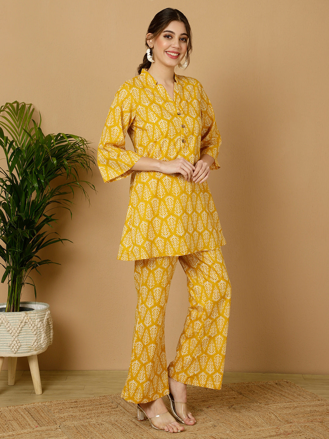 Yellow Ethnic Printed Kurta With Palazzo Loungewear