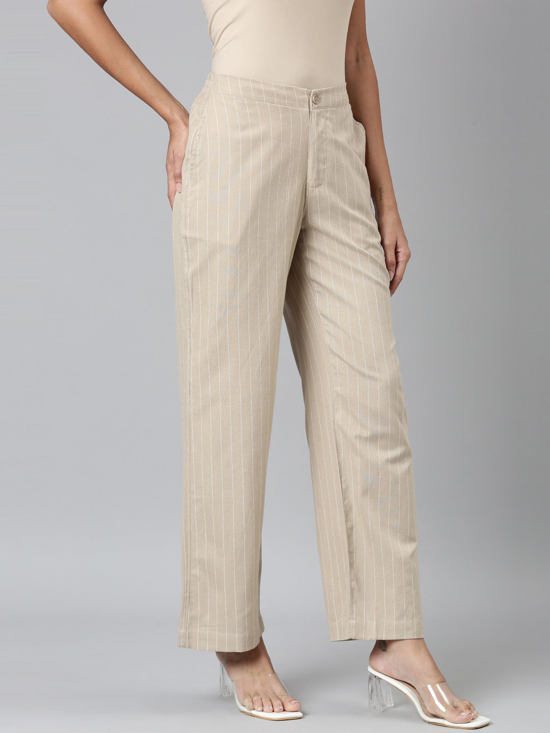 Beige Cotton Stripes Cargo Pant