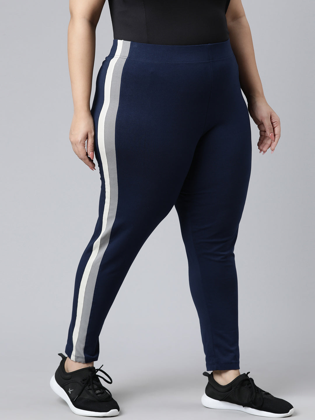 Navy Cotton Stretch Side Stripes Active Leggings