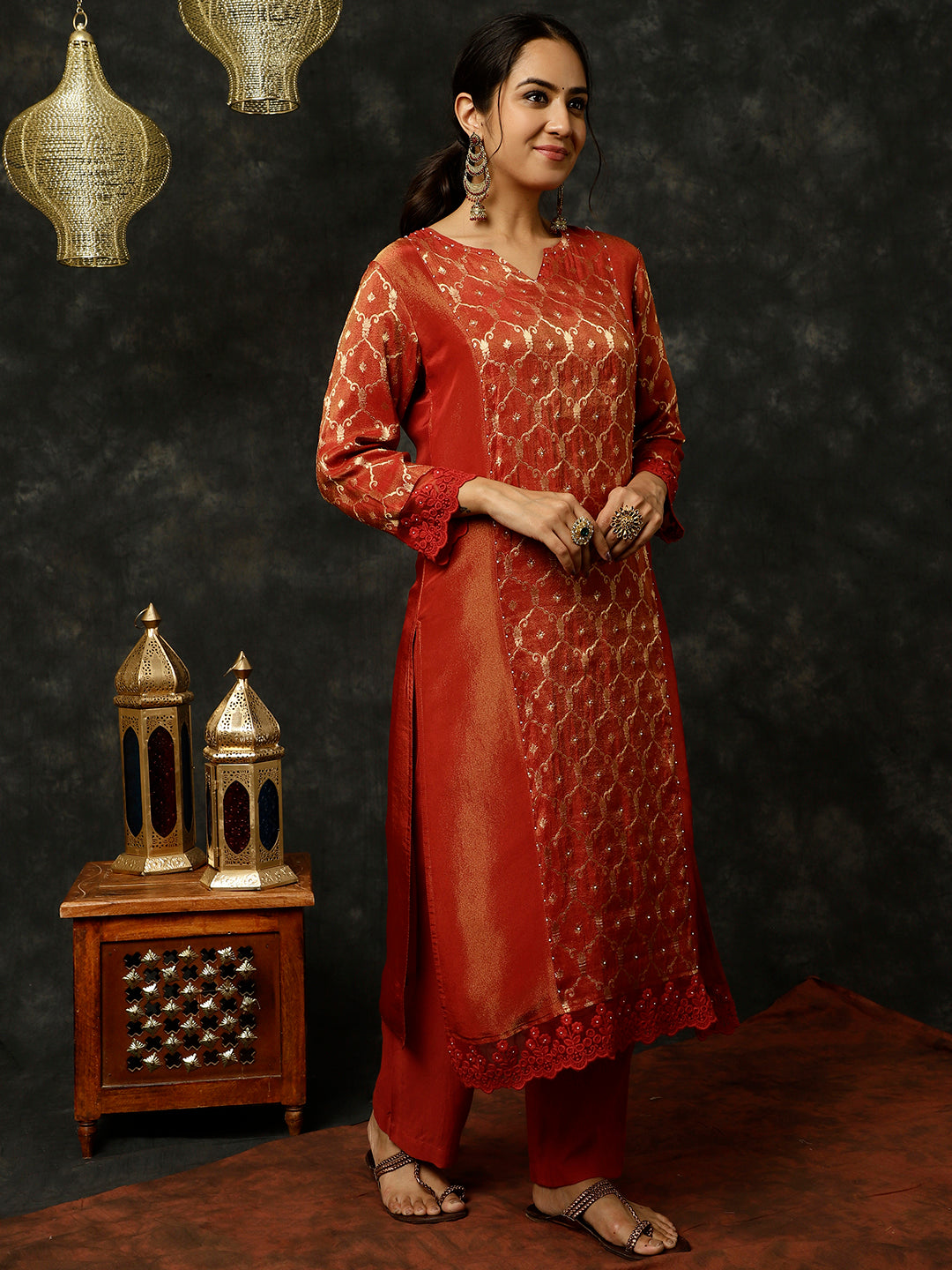Maroon Bead Work Silk Straight Kurta With Pants And Dupatta