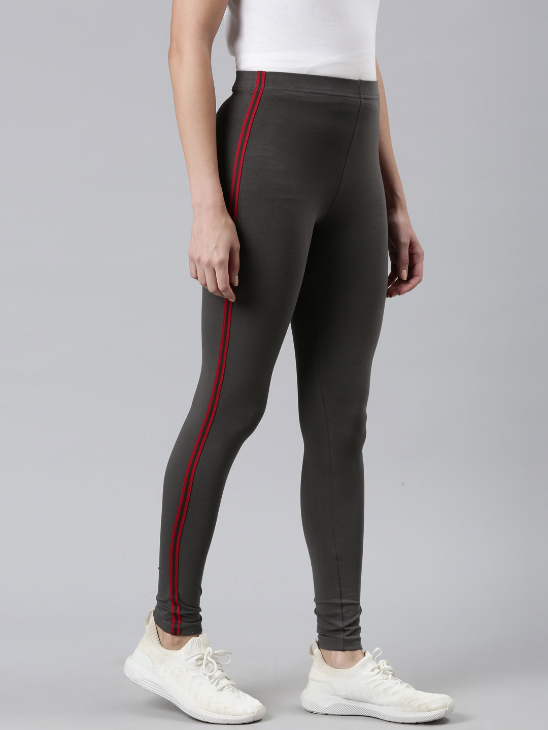 Silver Grey Cotton Stretch Side Stripes Active Leggings