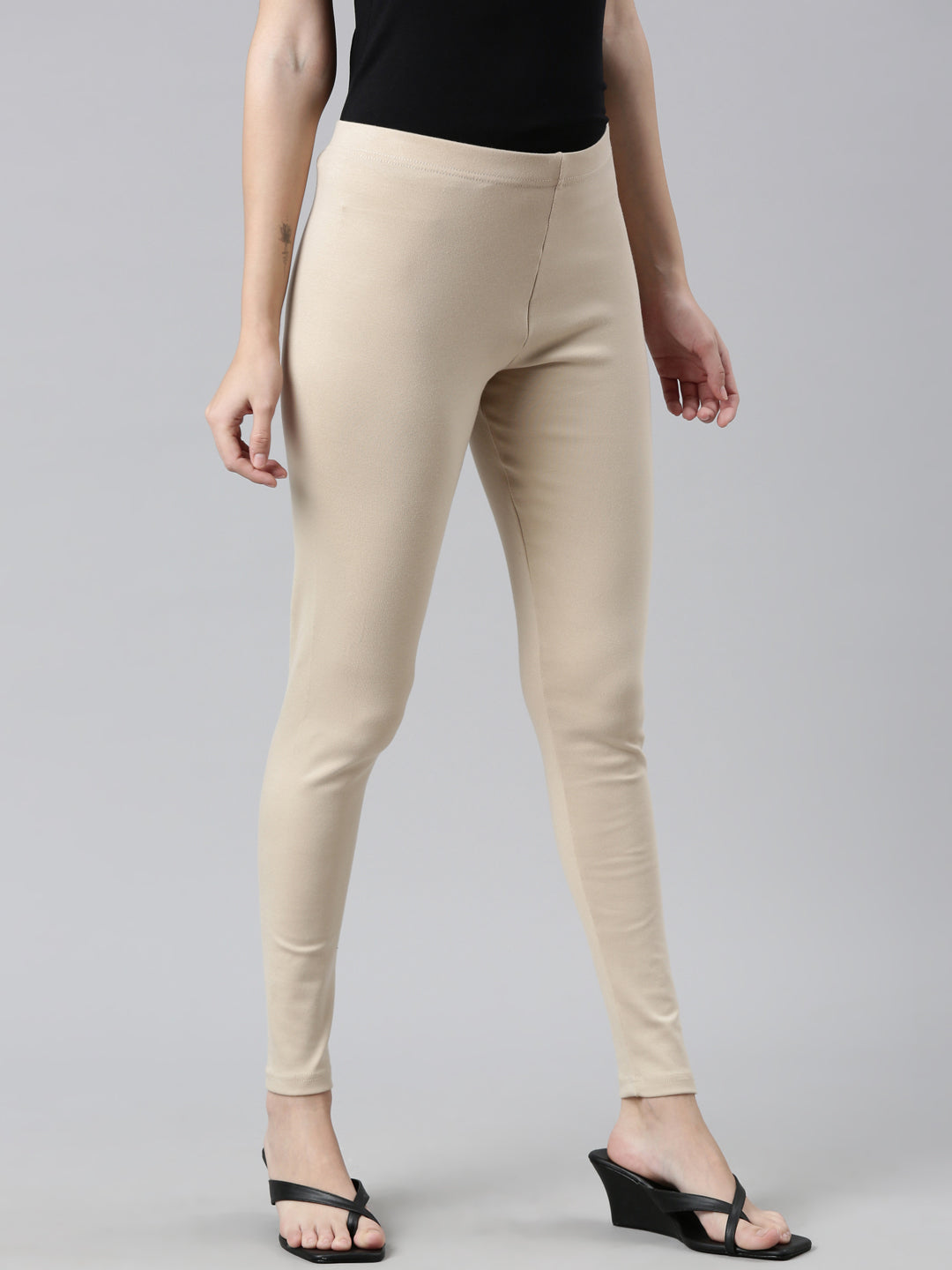 Light Beige Cotton Stretch Ribbed warm Leggings