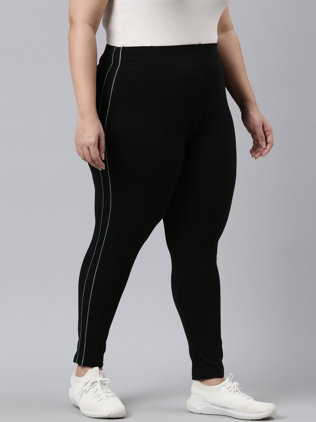 Black Cotton Stretch Side Stripes Active Leggings
