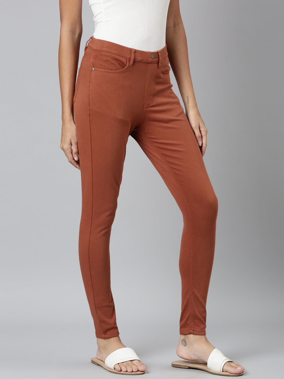 Reddish Brown Cotton Polyester Super Stretch Jeggings
