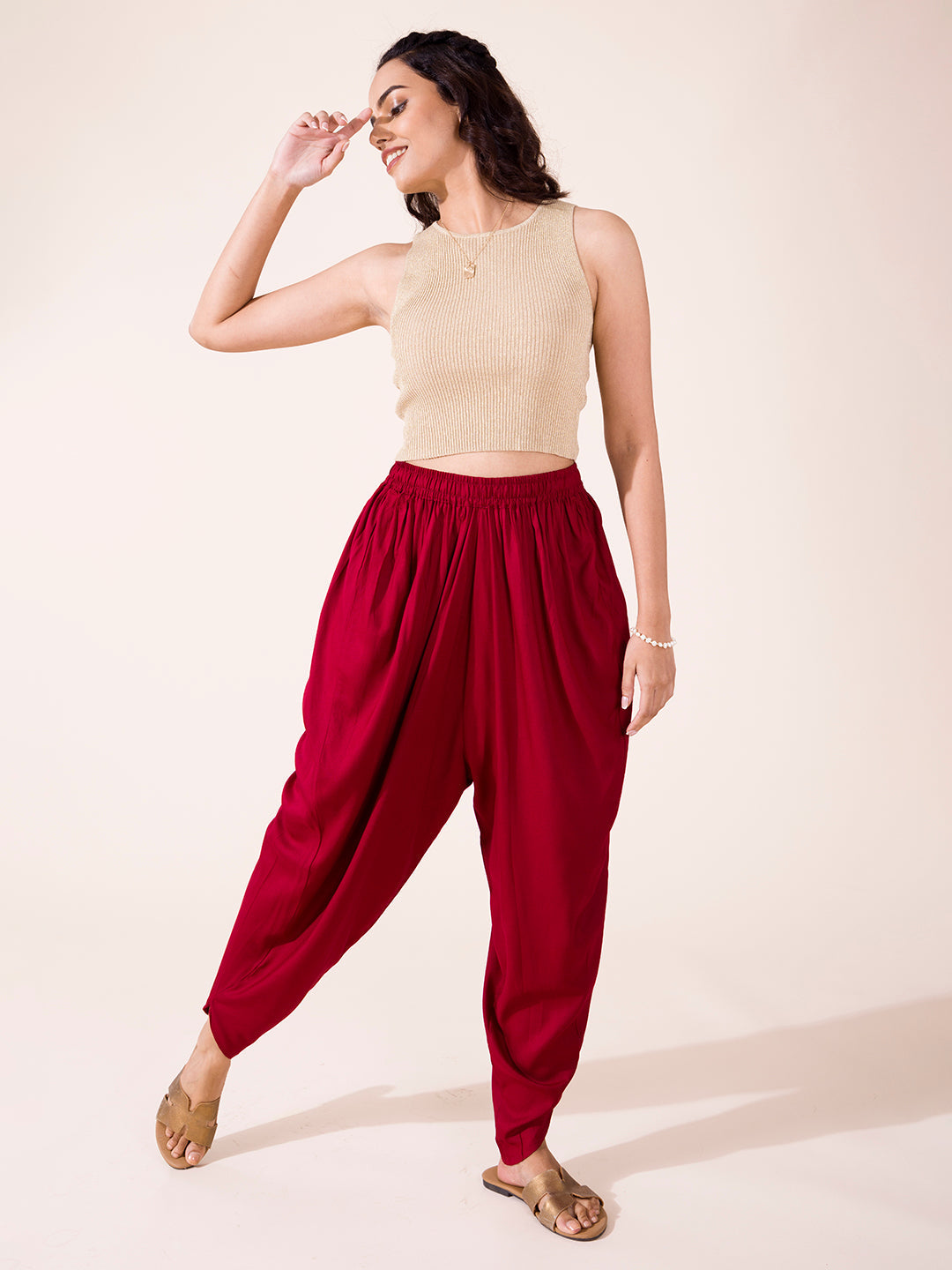Maroon Woven Viscose Harem Dhoti Pant