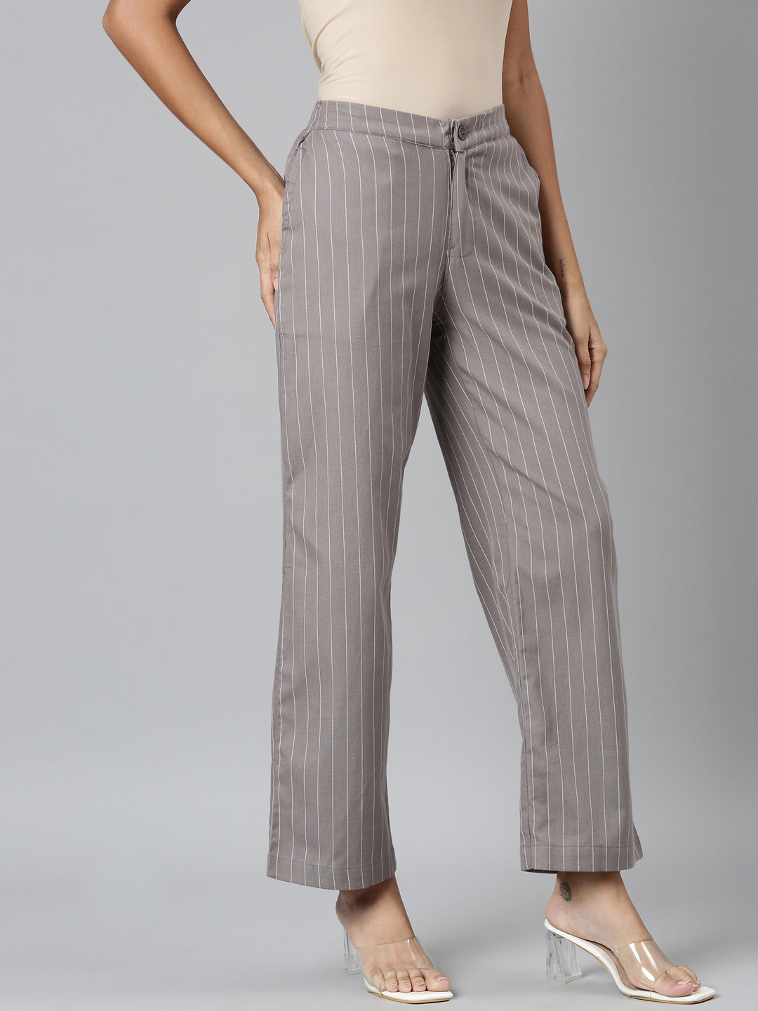 Grey Cotton Stripes Cargo Pant