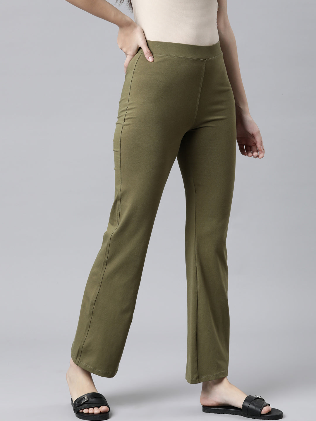 Olive Green Cotton Stretch Flared Pant