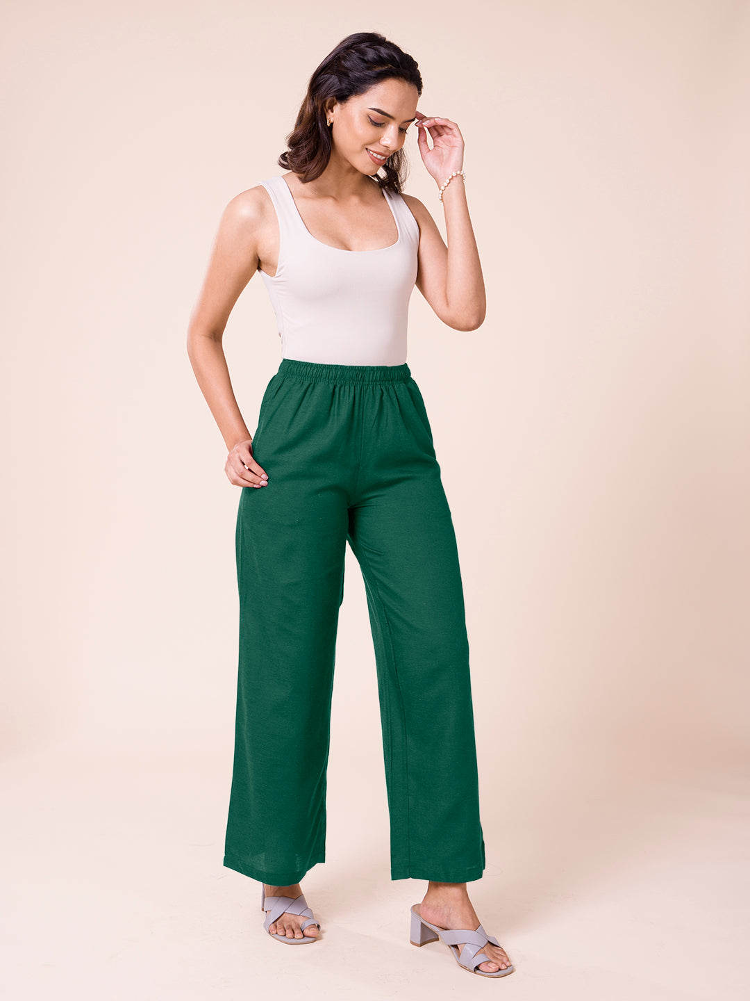 Bottle Green Viscose Blend Linen Palazzos