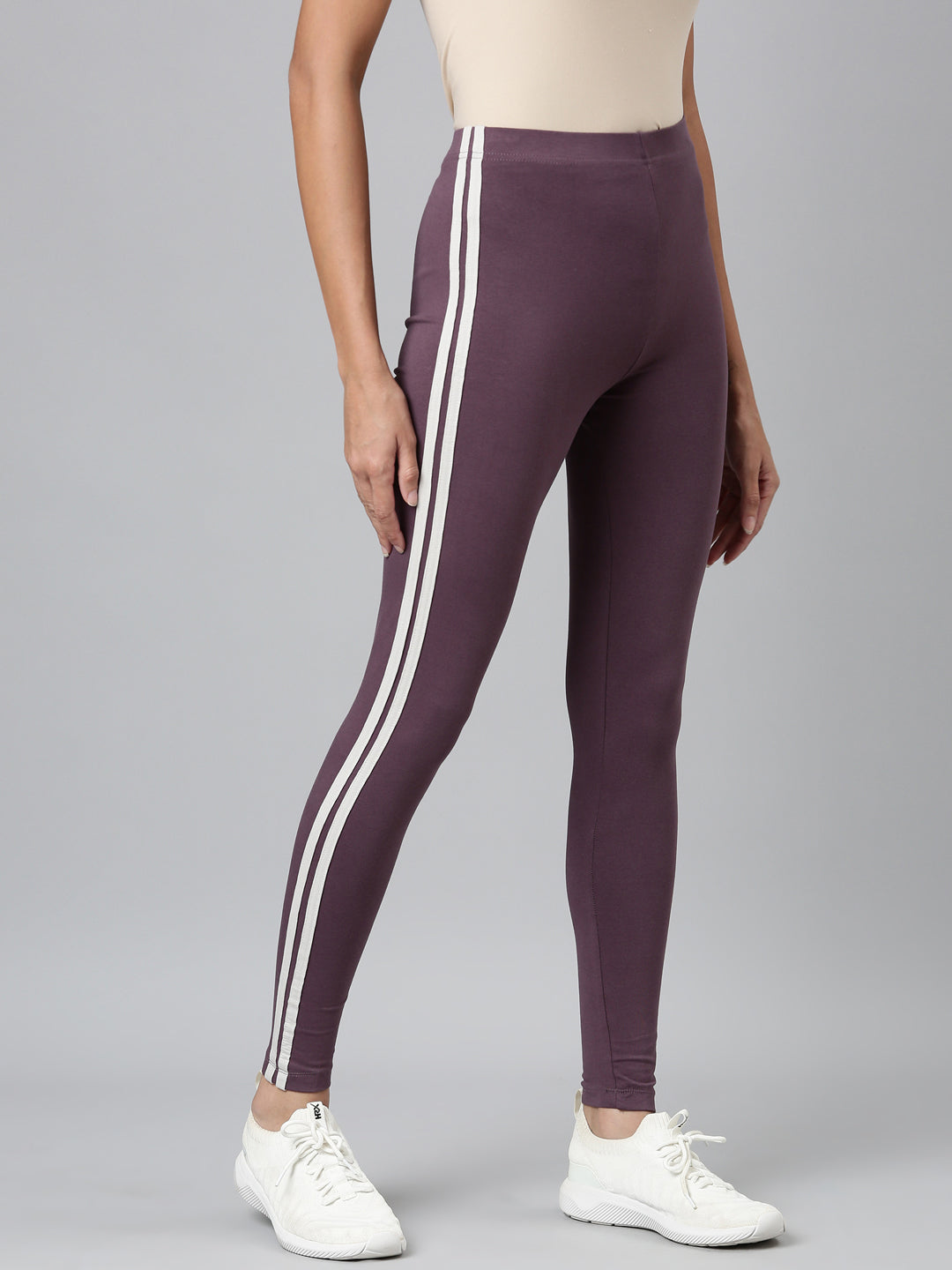 Purple Cotton Stretch Side Stripes Active Leggings