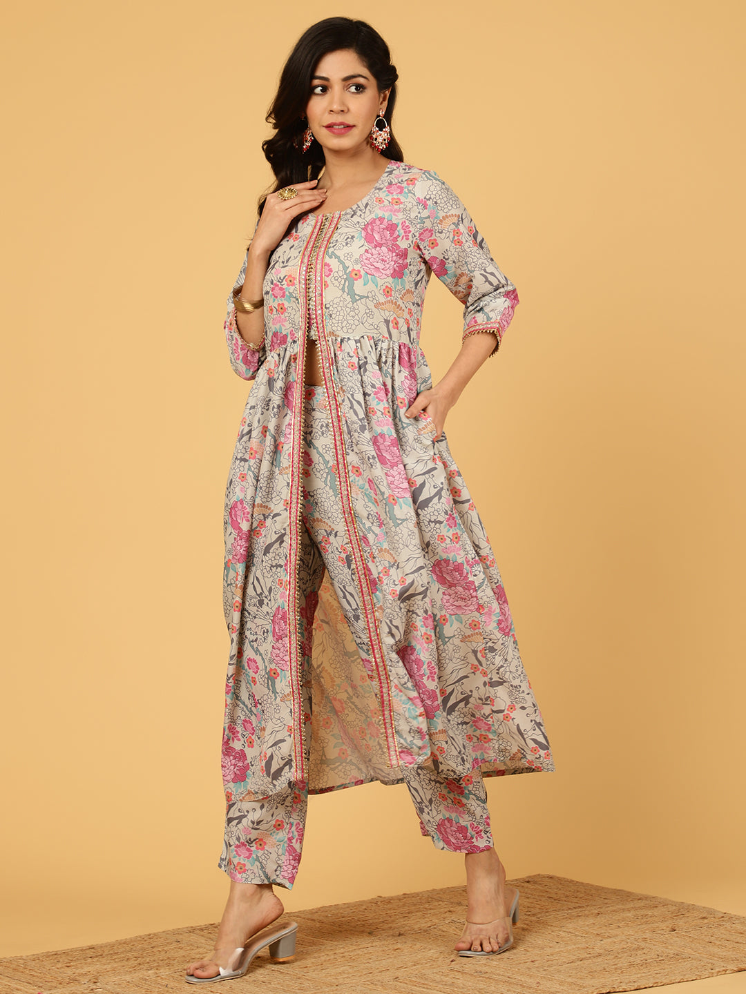 Grey Floral Printed Gathered Kurta With Pants