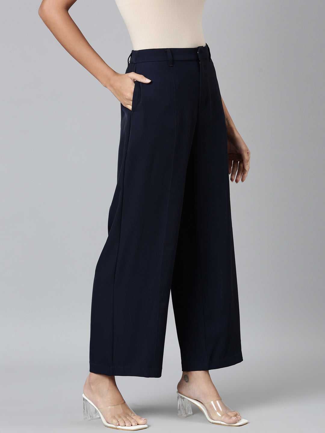 Navy Crepe Wide Trouser