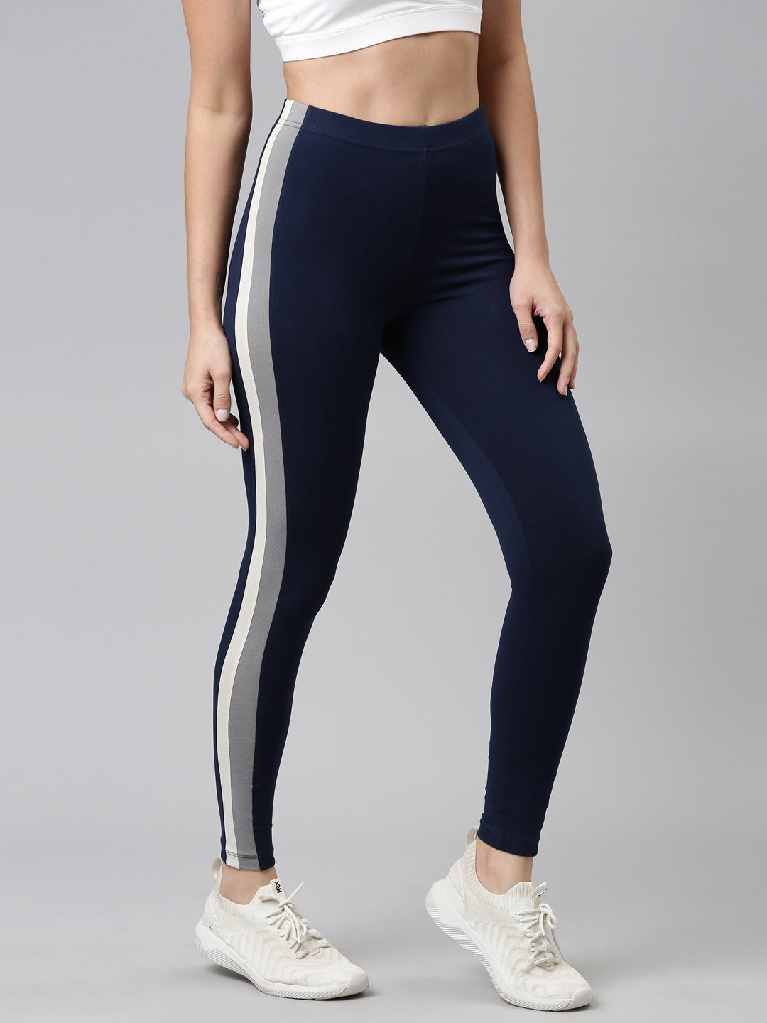 Navy Cotton Stretch Side Stripes Active Leggings
