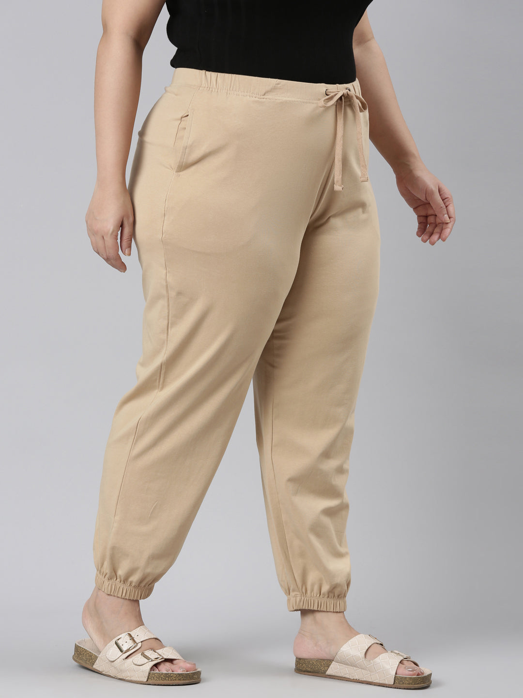 Beige Cotton Stretch Casual Joggers