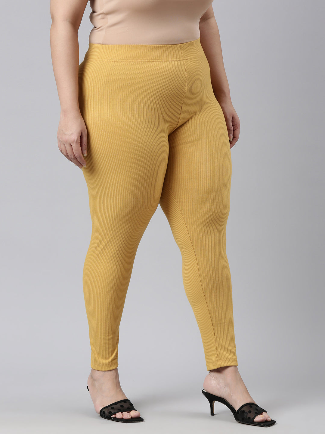 Golden Yellow Drop Needle Fabric Rib Leggings