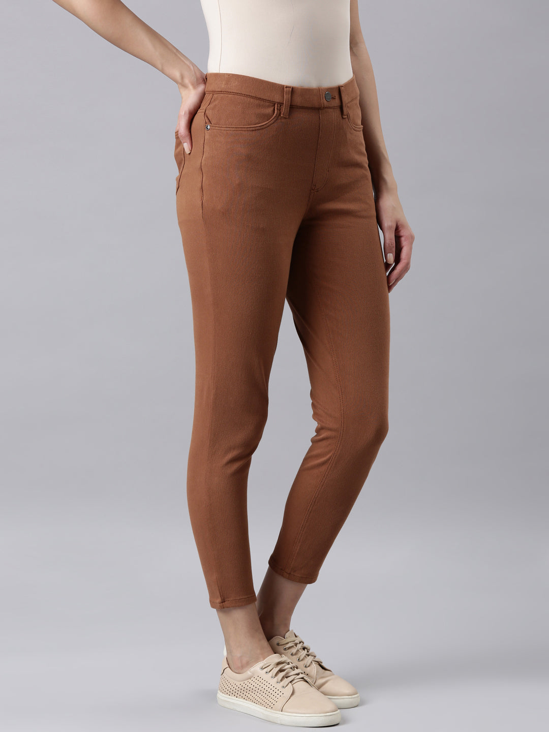 Light Brown Cotton Poly Stretch Cropped Colored Jeggings