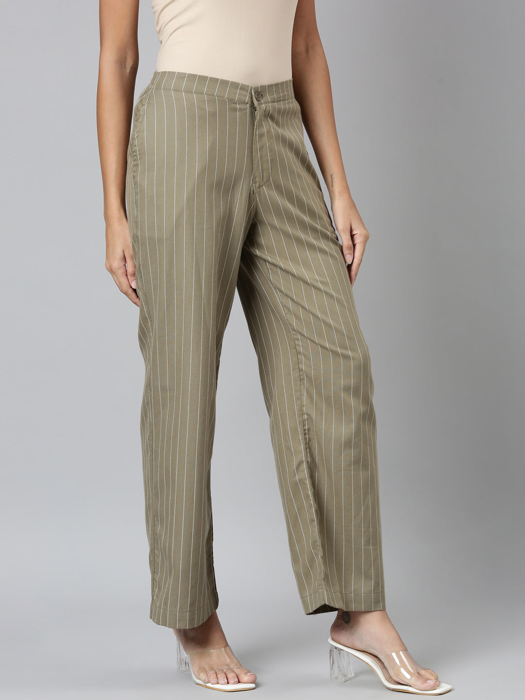 Olive Green Cotton Stripes Cargo Pant