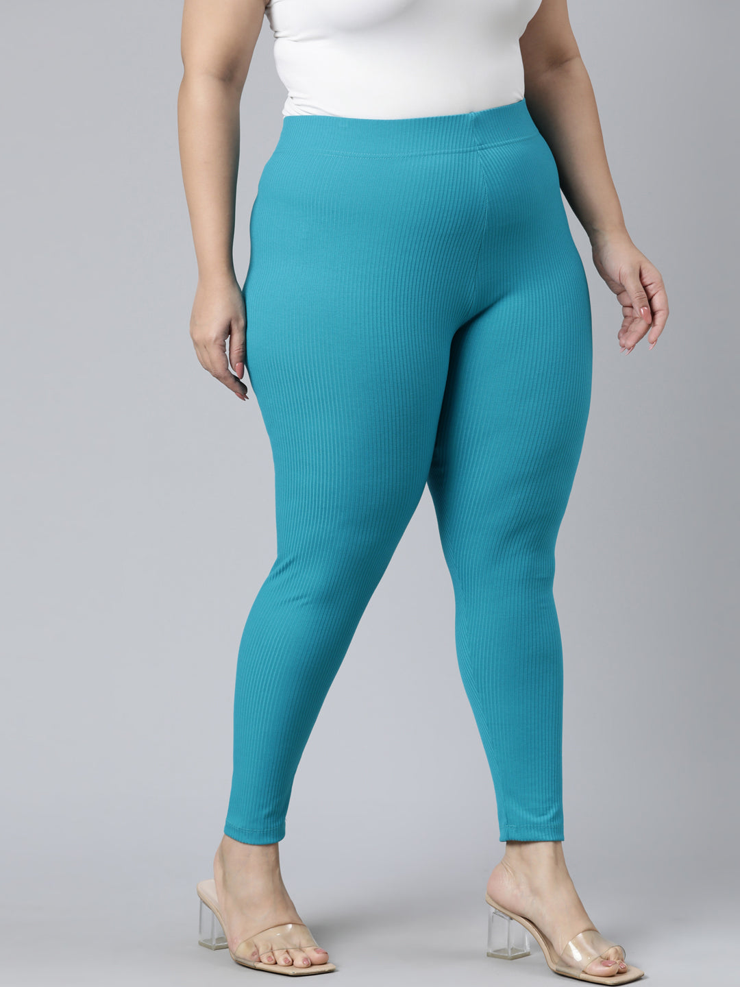 Peacock Blue Drop Needle Fabric Rib Leggings