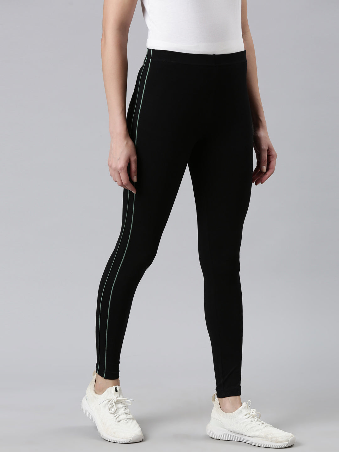 Black Cotton Stretch Side Stripes Active Leggings