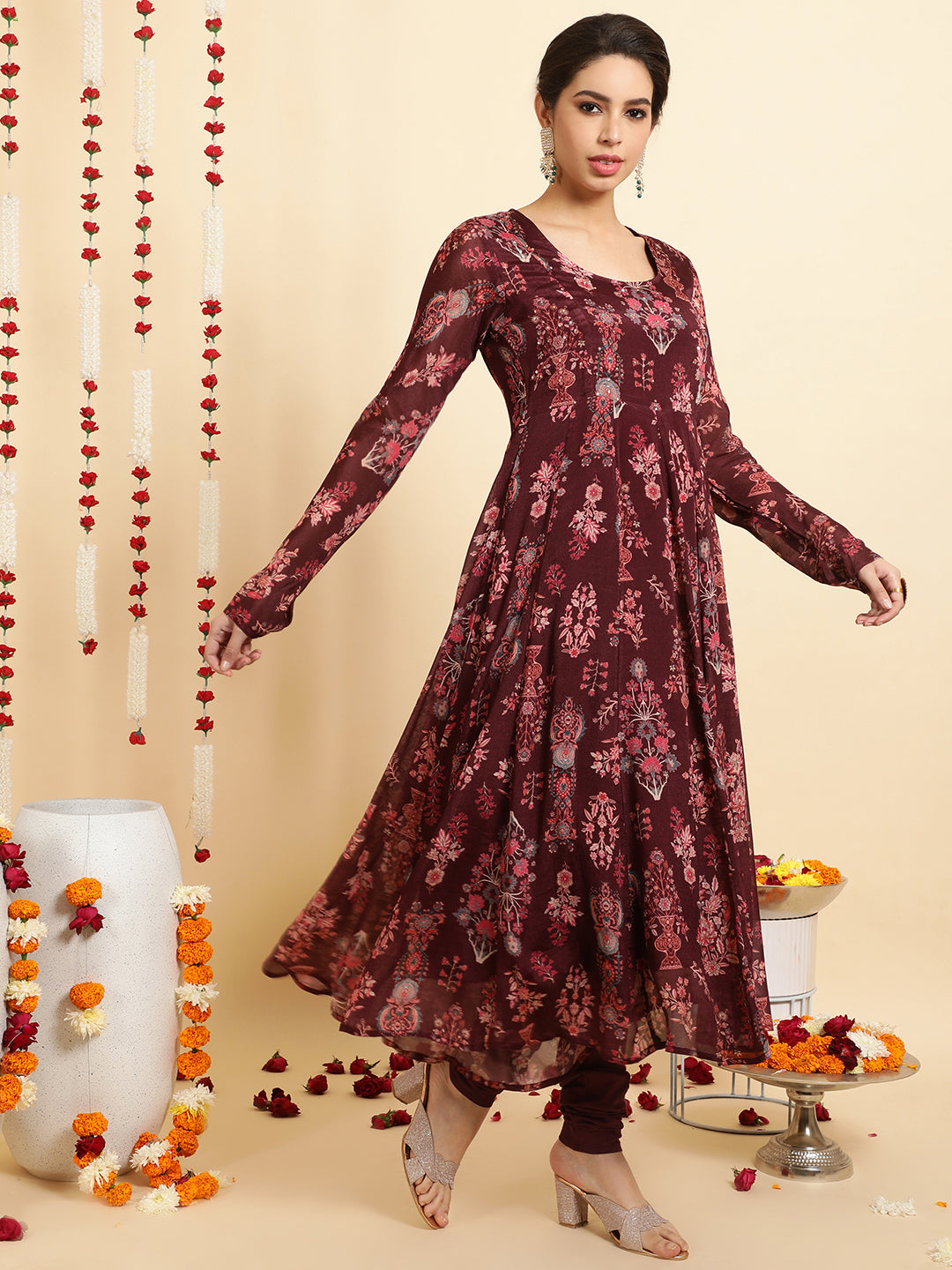 Wine Ethnic Printed Zardozi Anarkali With Churidar And Dupatta