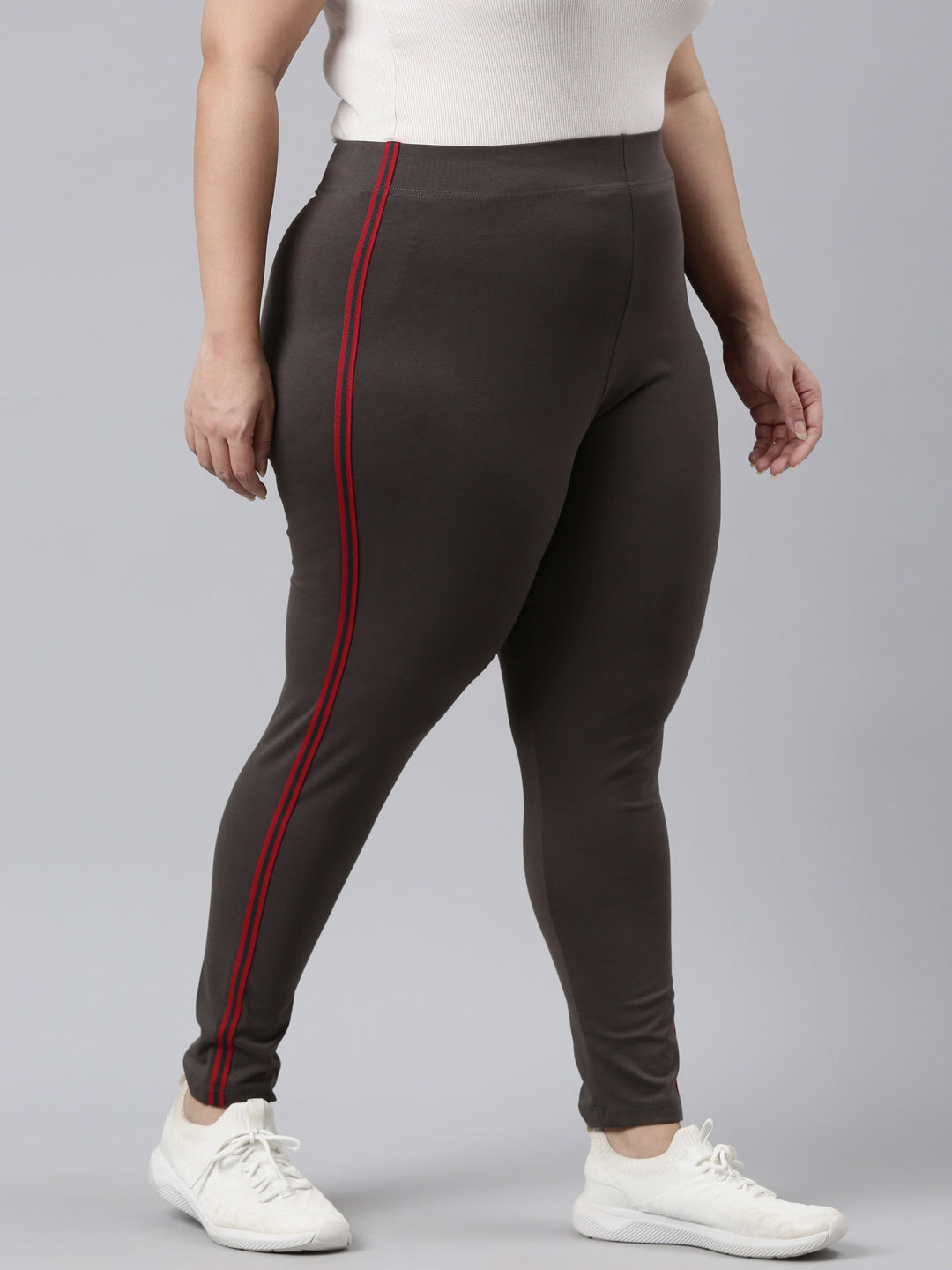 Silver Grey Cotton Stretch Side Stripes Active Leggings