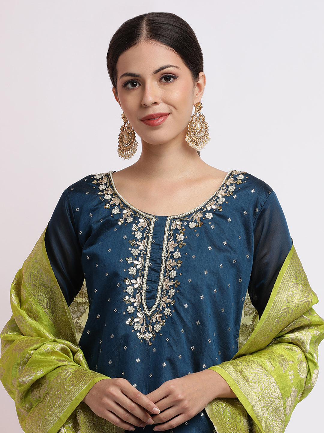 Teal Embroidered Cotton Blend Kurta Set With Dupatta