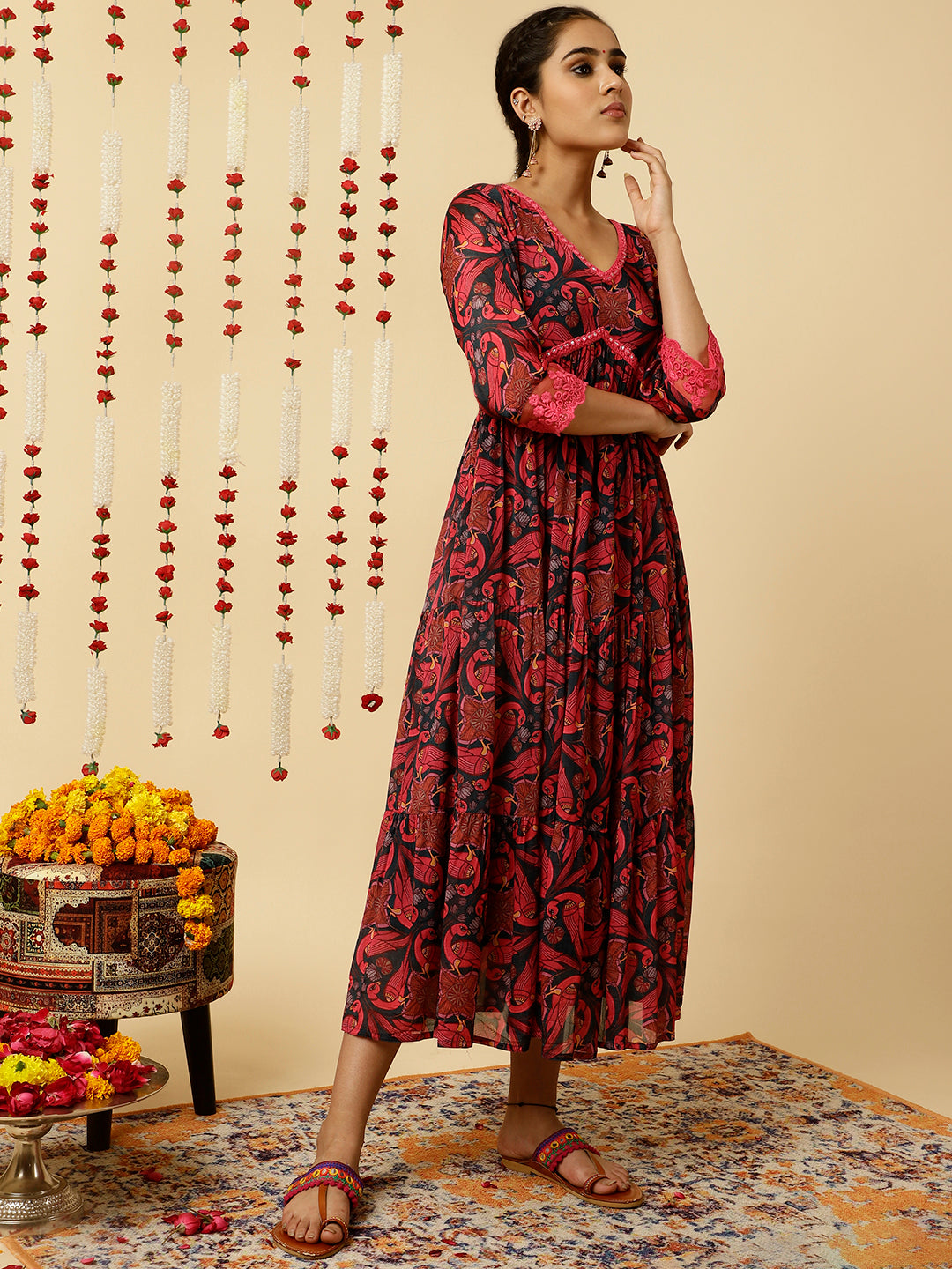 Fuchsia Animal Print Flared Kurta With Dupatta