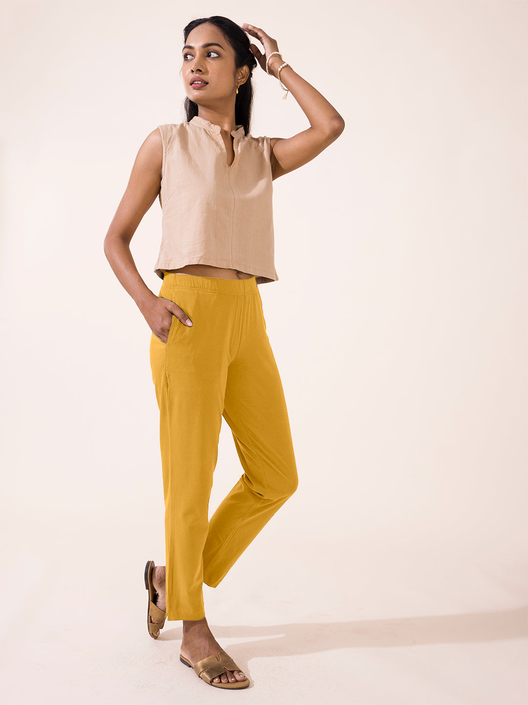 Light Mustard Cotton Stretch Kurti Pants