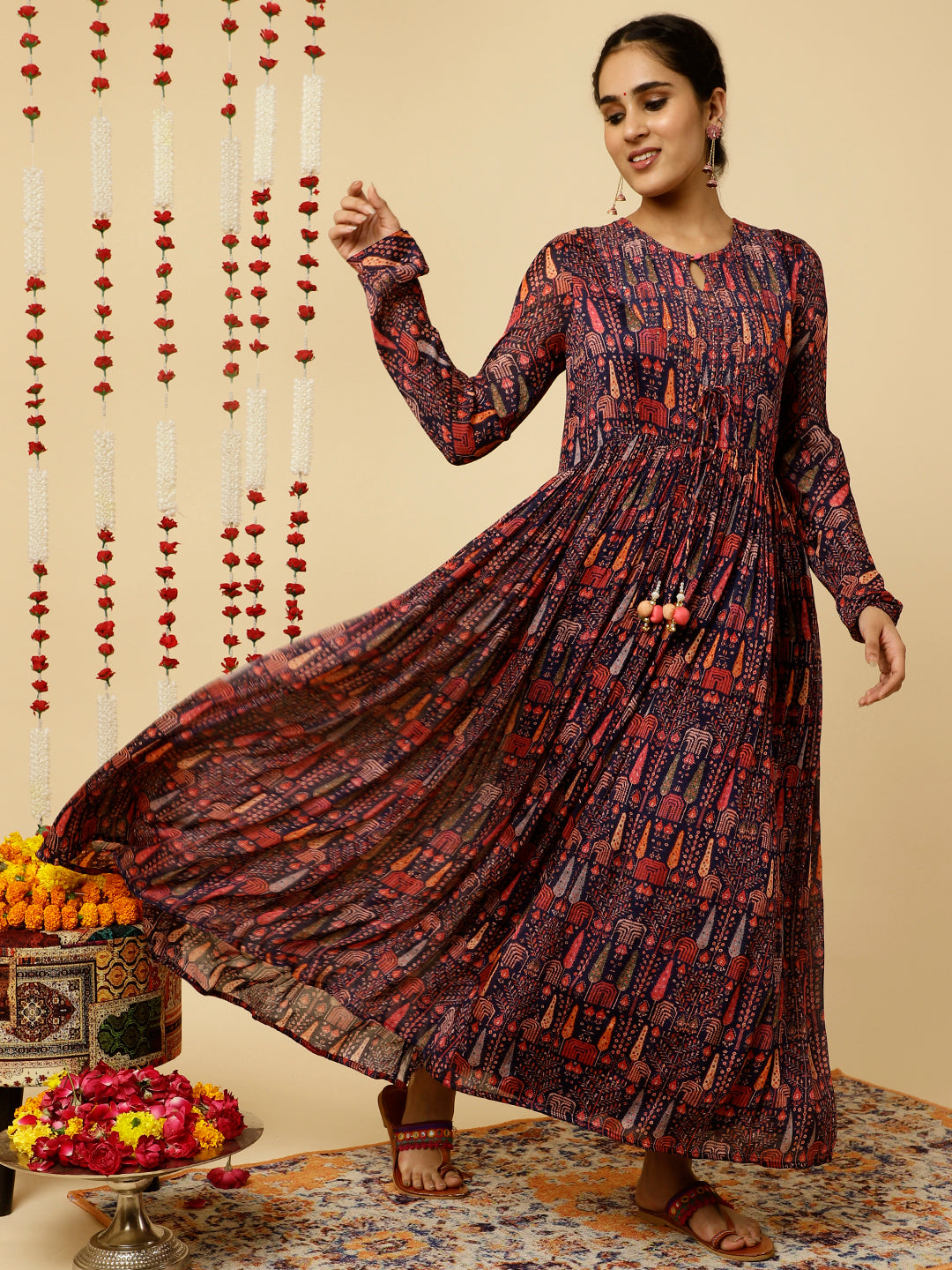 Purple Tribal Printed Flared Kurta With Dupatta
