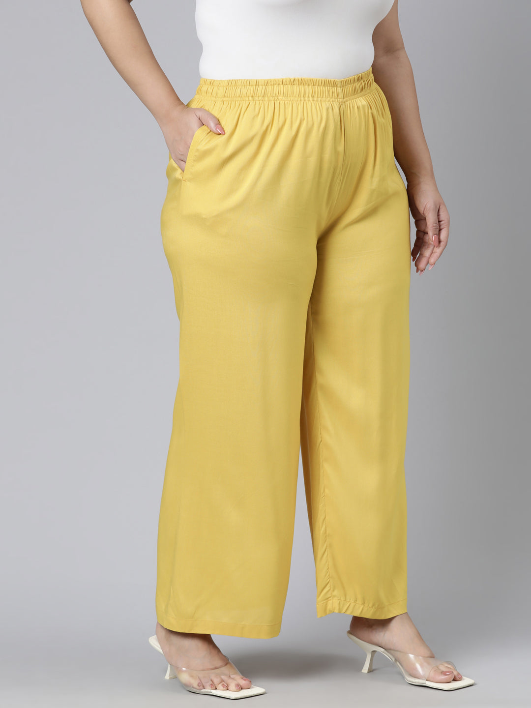 Light Mustard Woven Viscose Basic Palazzo