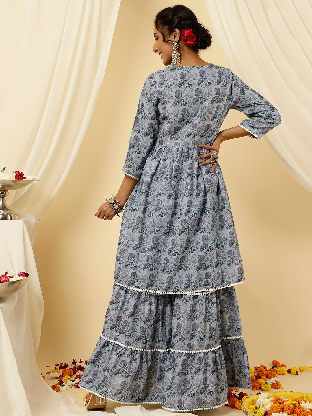Blue Floral Print Flared Kurta With Sharara