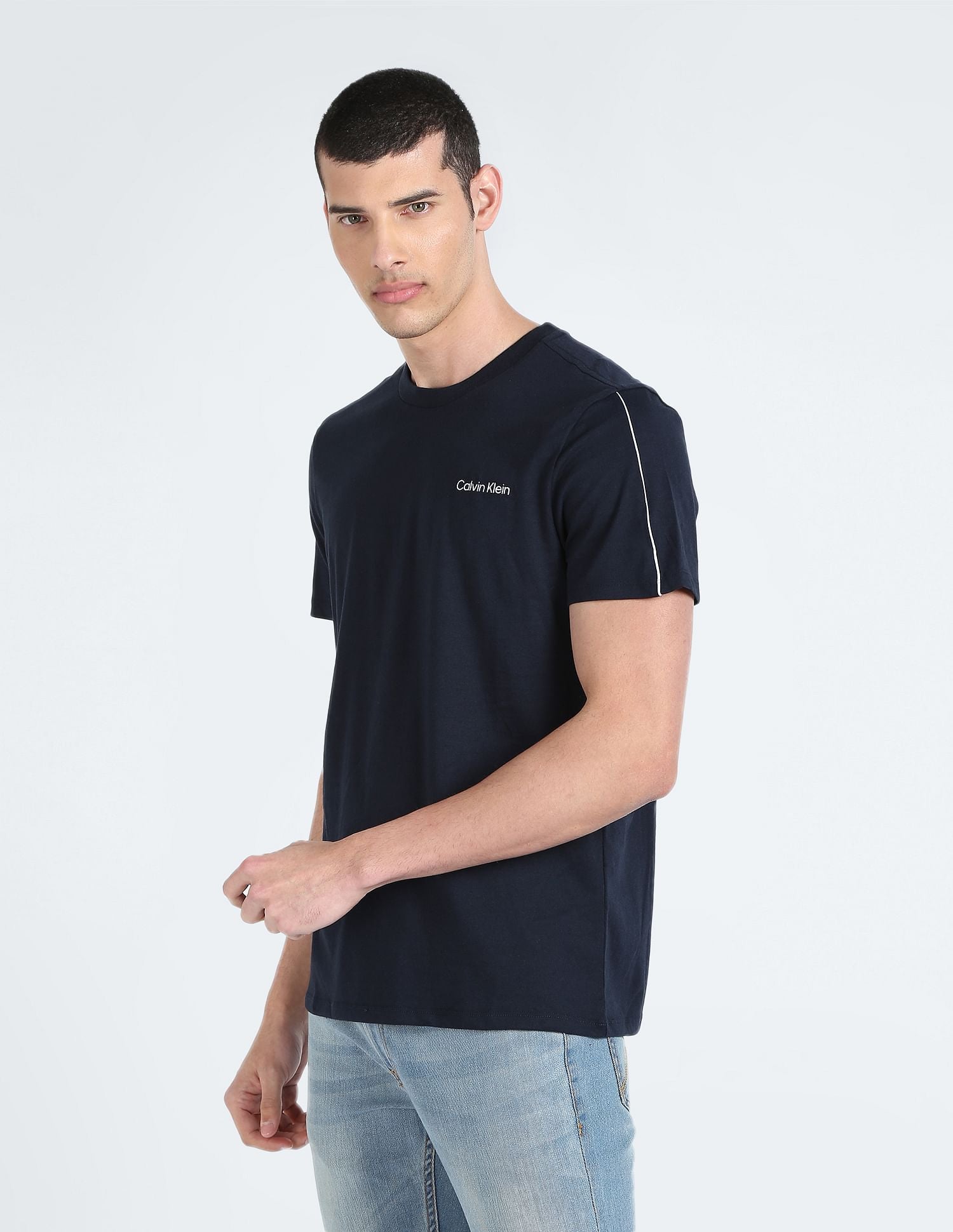 Crew Neck Solid Contrast Piping T-Shirt