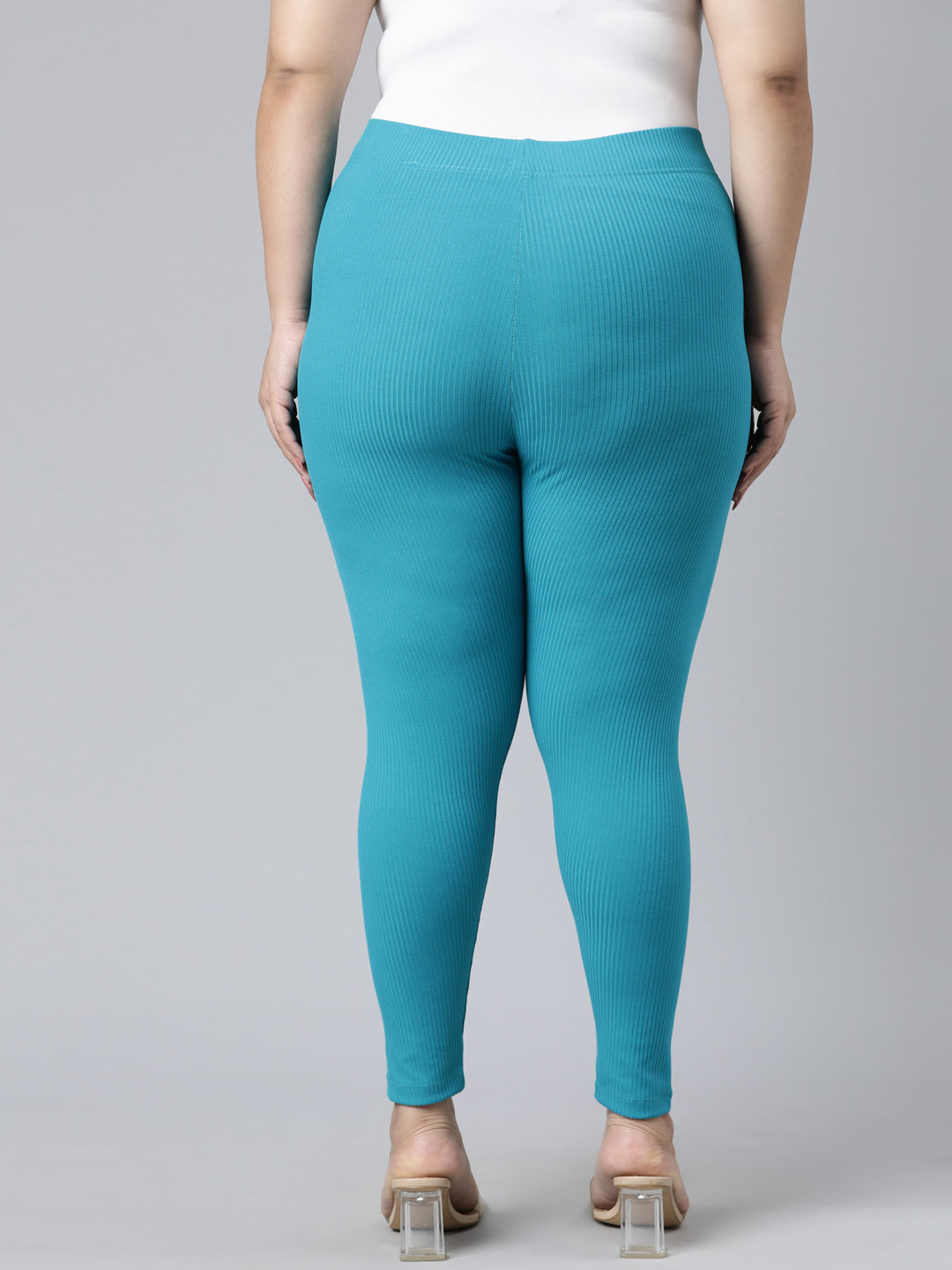 Peacock Blue Drop Needle Fabric Rib Leggings