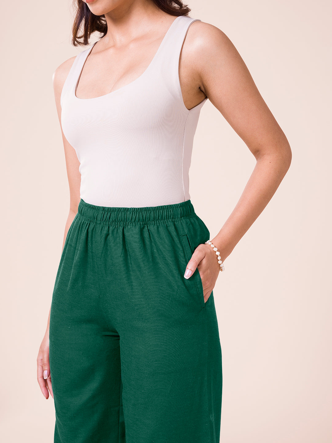 Bottle Green Viscose Blend Linen Palazzos