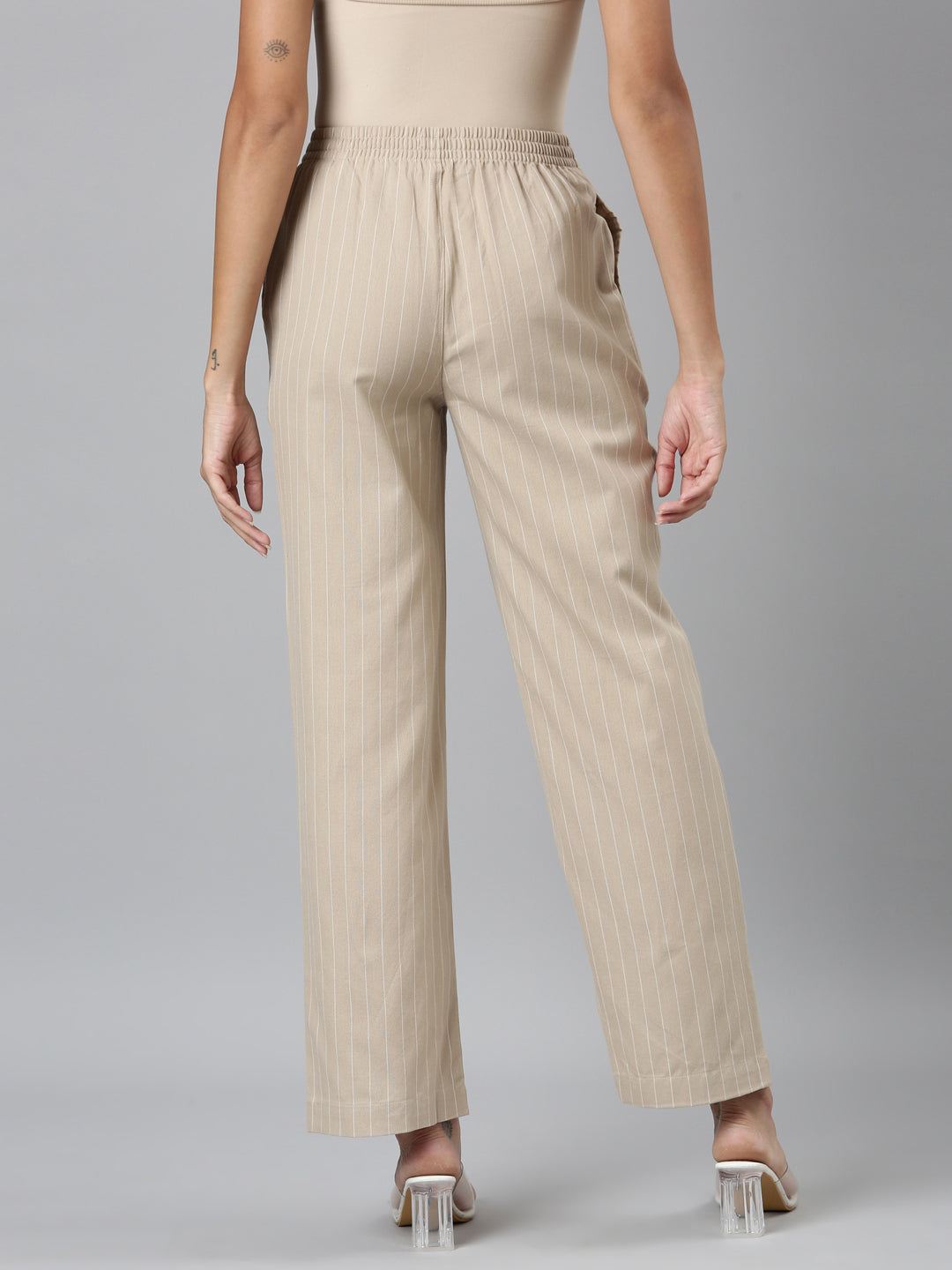 Beige Cotton Stripes Cargo Pant