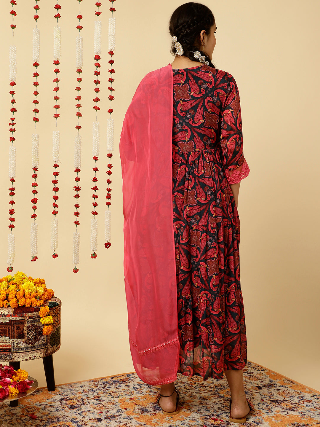 Fuchsia Animal Print Flared Kurta With Dupatta