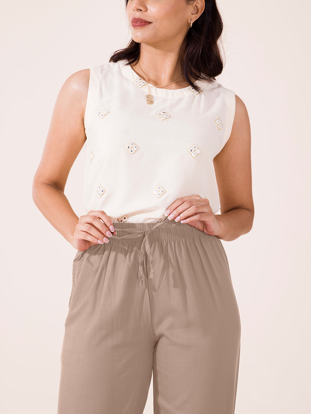 Beige Woven Viscose Casual Pants