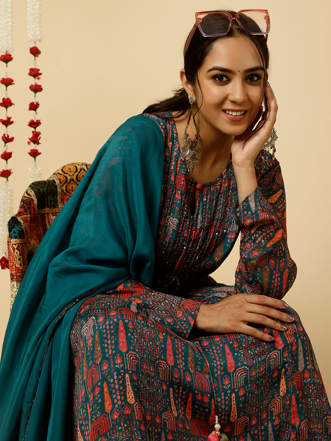 Teal Tribal Printed Flared Kurta With Dupatta